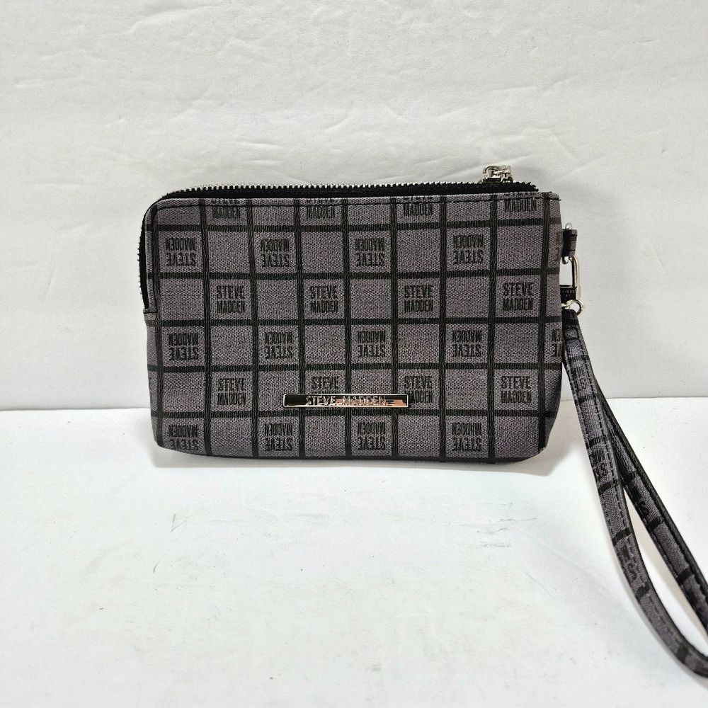 Steve Madden Black and Gray Checkered Monogram Wristlet Wallet